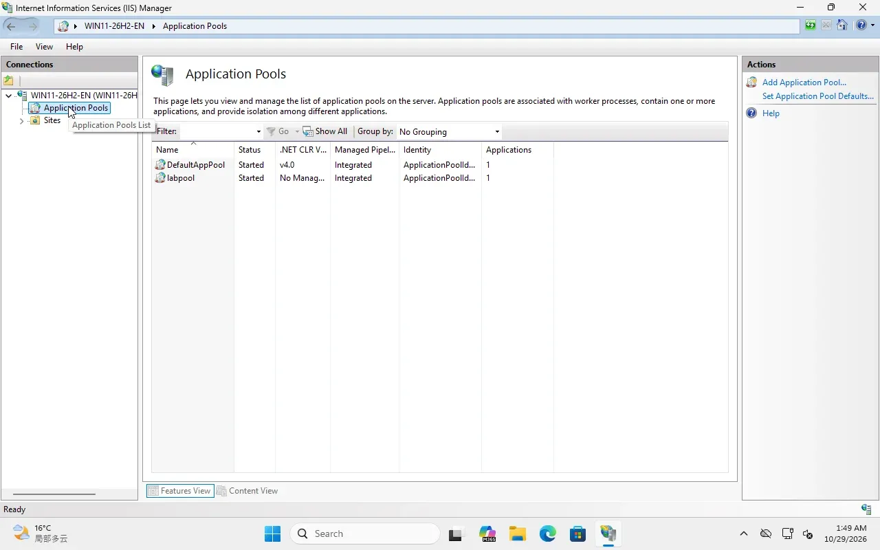 IIS Manager Application Pools showing DefaultAppPool and a labpool with ApplicationPoolIdentity.