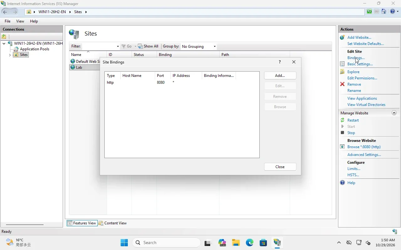 IIS Manager Site Bindings dialog for the Lab site, showing http on port 8080 with all unassigned IP addresses.