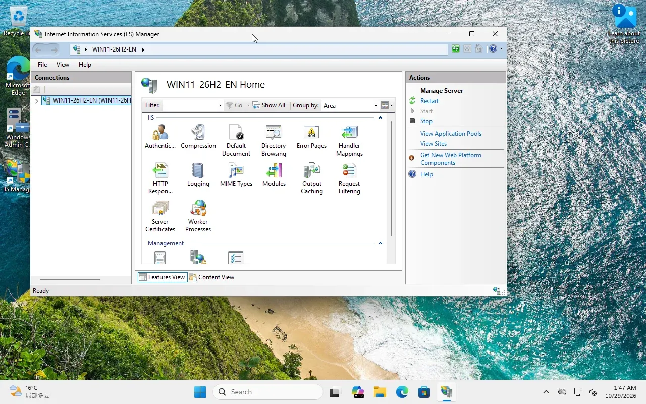 IIS Manager home on Windows 11 26H2, showing the server feature icons and management section.