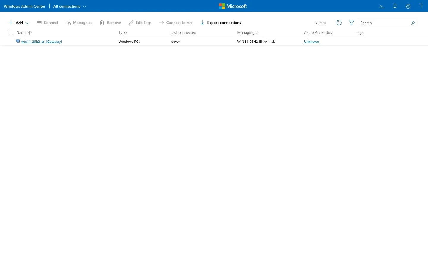 Windows Admin Center All connections view with one gateway connection.