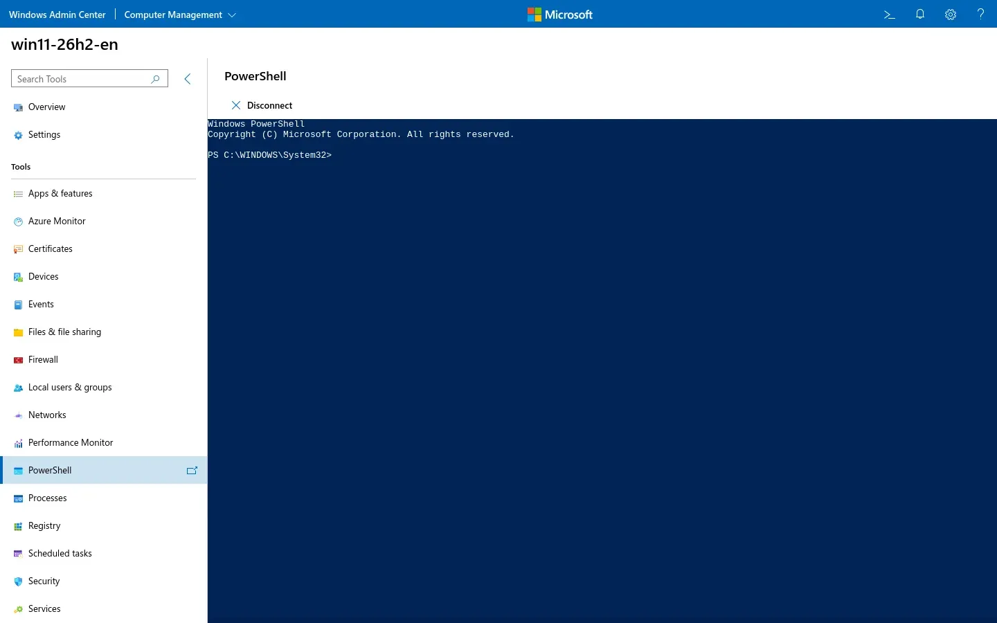 Windows Admin Center PowerShell tool connected to the gateway, showing a Windows PowerShell prompt.