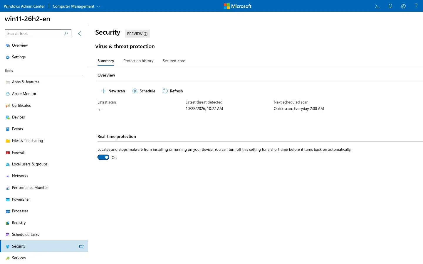 Windows Admin Center Security tool showing Virus and threat protection, real-time protection On and the latest scan schedule.