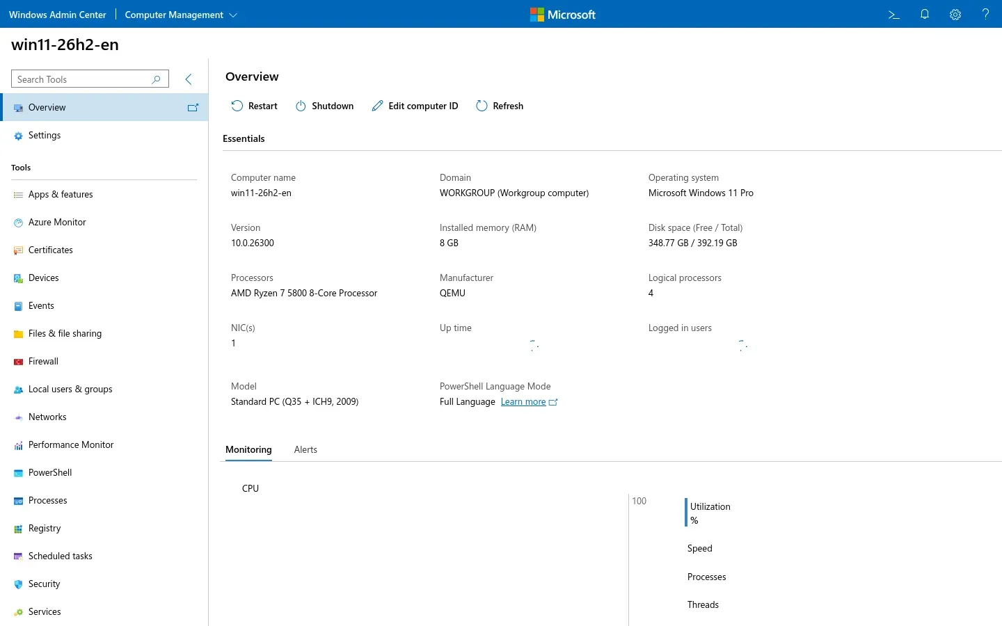 Windows Admin Center 2606 server overview for win11-26h2-en, showing Windows 11 Pro 26300, QEMU model, 8GB RAM and the full tools list.