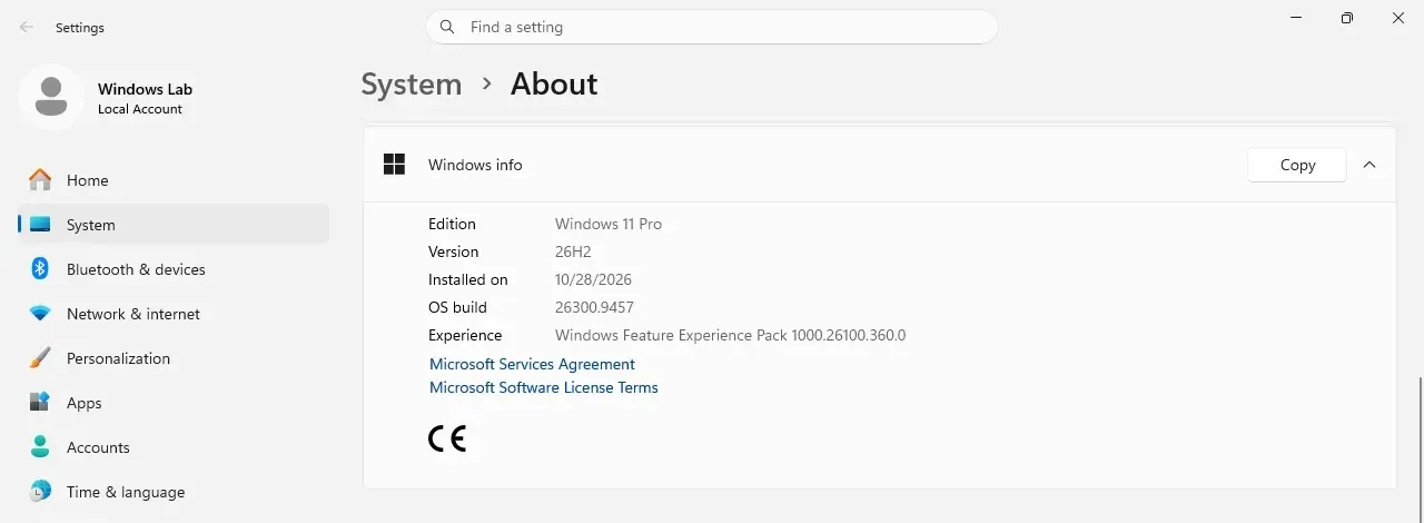 Windows 11 Settings About page showing Windows 11 Pro, version 26H2, OS build 26300.9457, installed 10/28/2026.