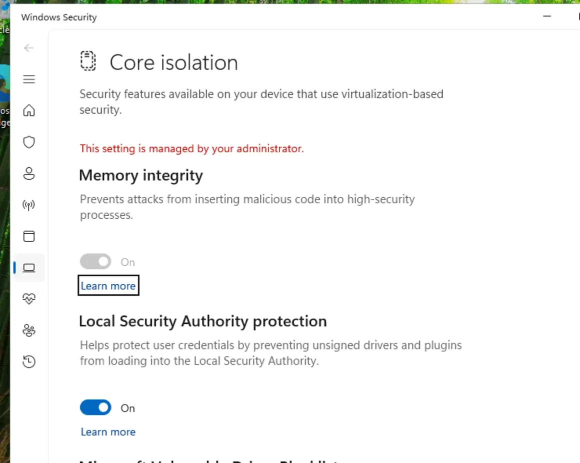 Windows Security Core isolation page showing Memory integrity On.